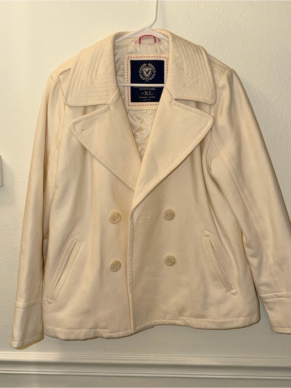 American Eagle Outfitters Cream Teddy Peacoat Jacket